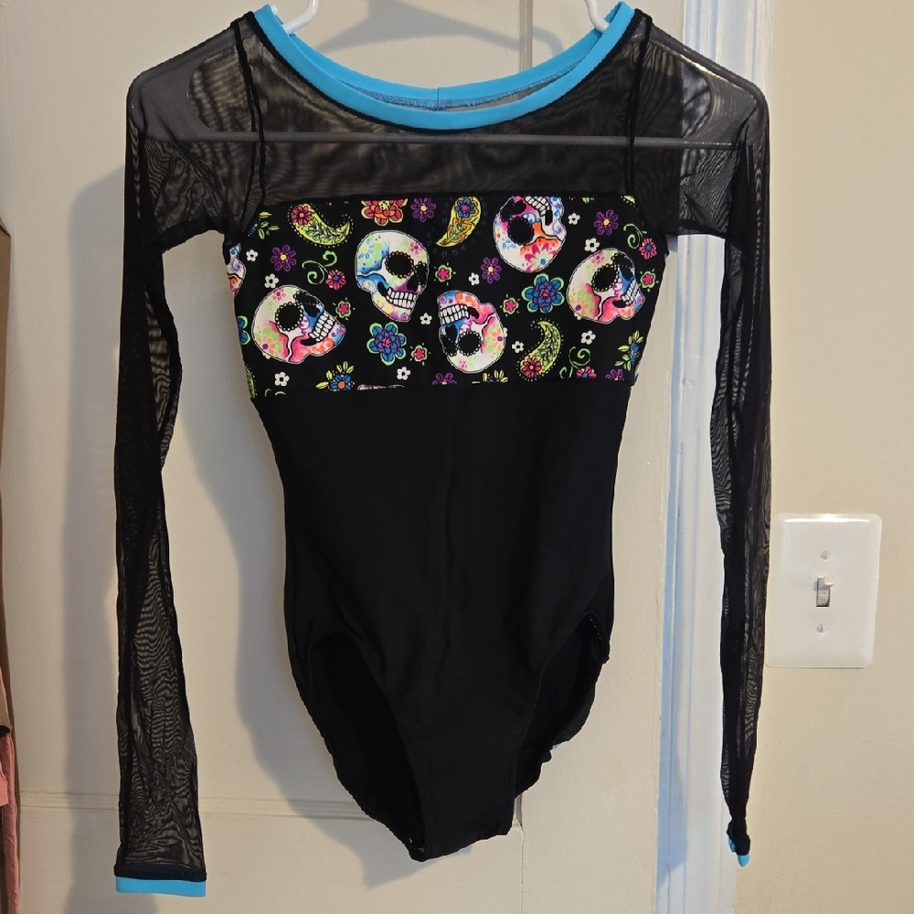 Black Mesh Long Sleeve Leotard with Skull Pattern.